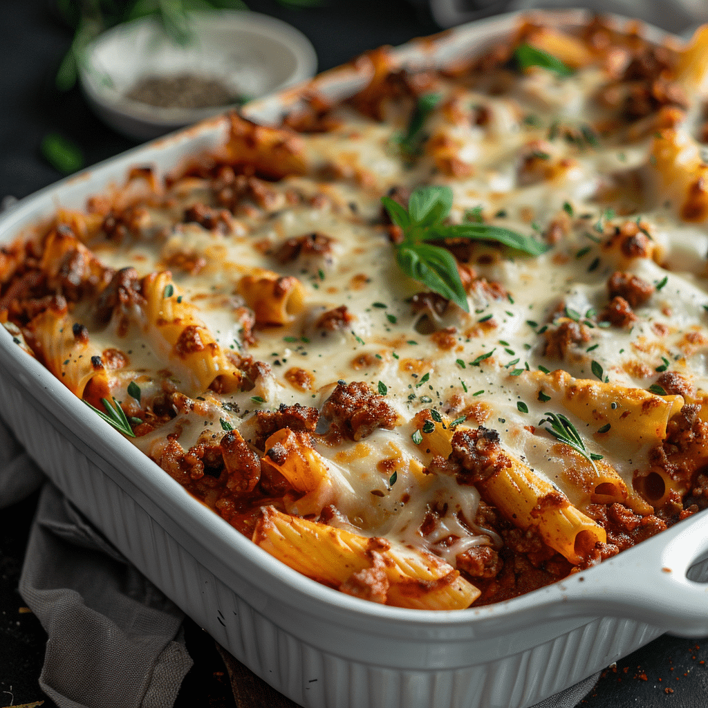 Gluten-free baked ziti with ground beef and mozzarella in a ceramic baking dish,5-Ingredient Gluten-Free Pasta Dinners