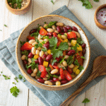 Printable recipe card for high protein dense bean salad with ingredient list and preparation steps
