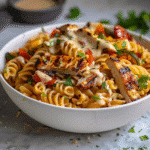 Finished high-protein gluten-free pasta meal with chicken and veggies