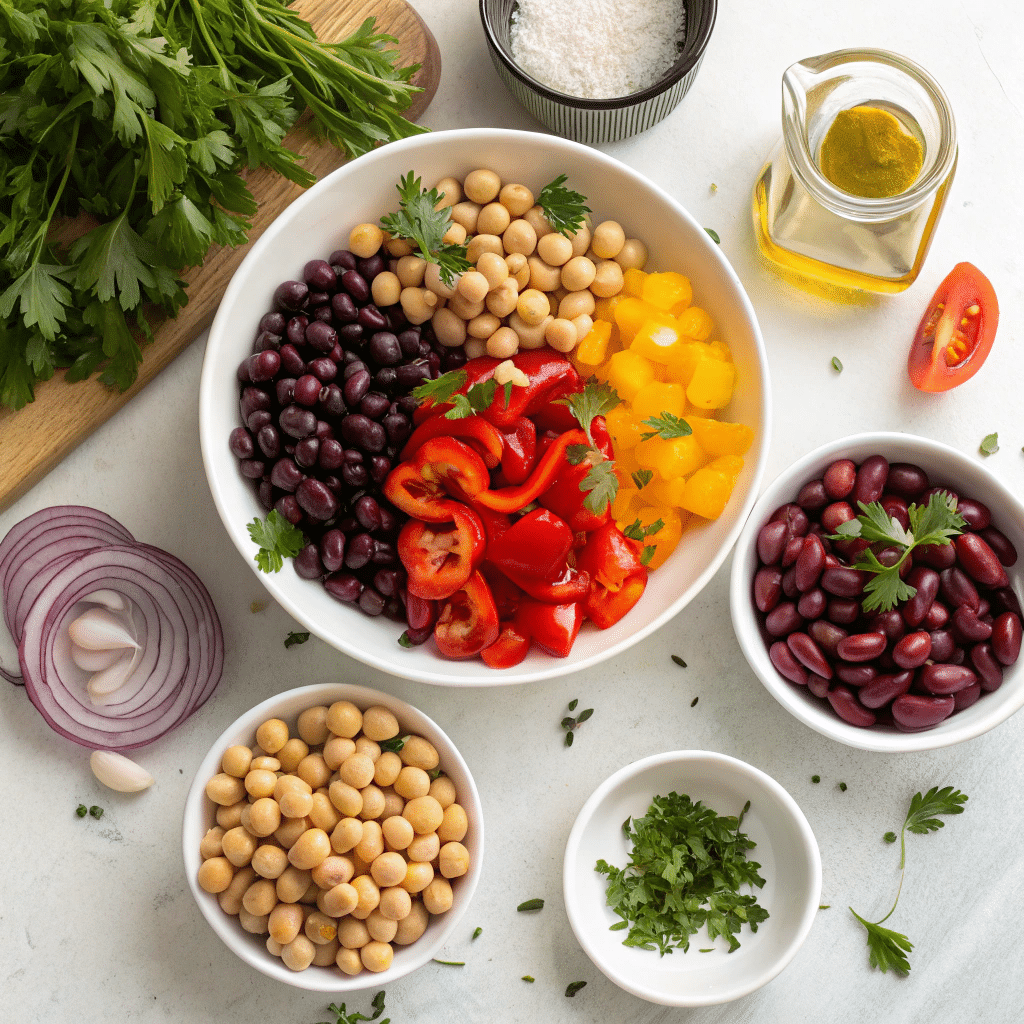 Ingredients for high protein dense bean salad including mixed beans, bell peppers, and fresh herbs