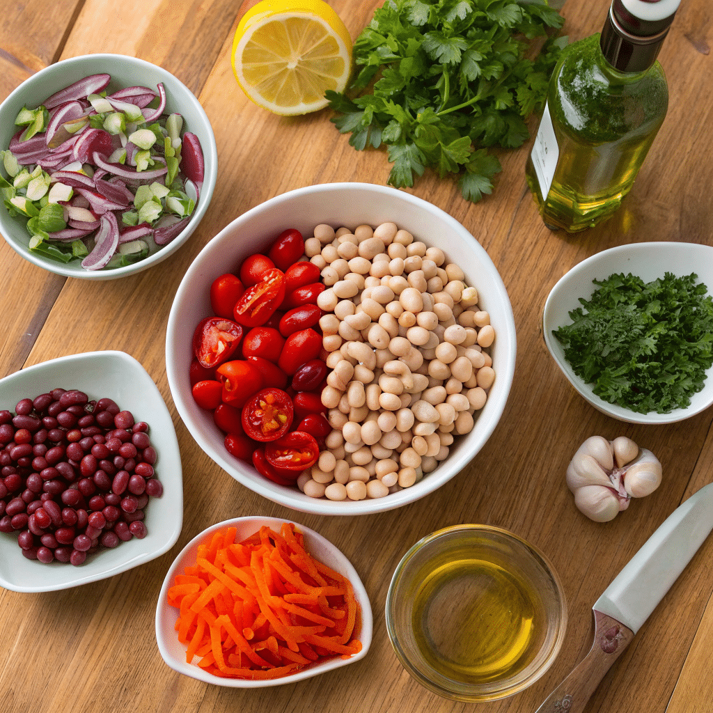 Fresh ingredients for Italian cold bean salad dense on kitchen counter