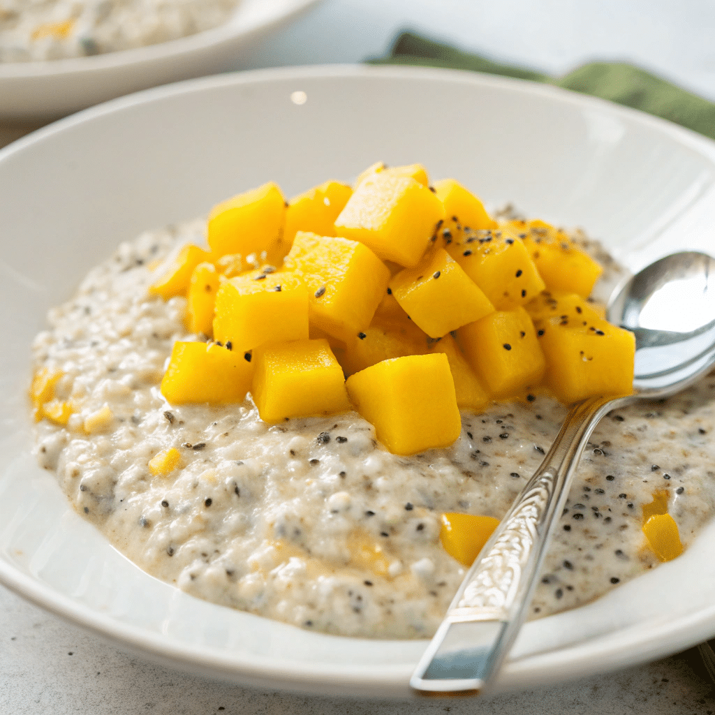 Mango coconut overnight oats gluten-free with chia seeds