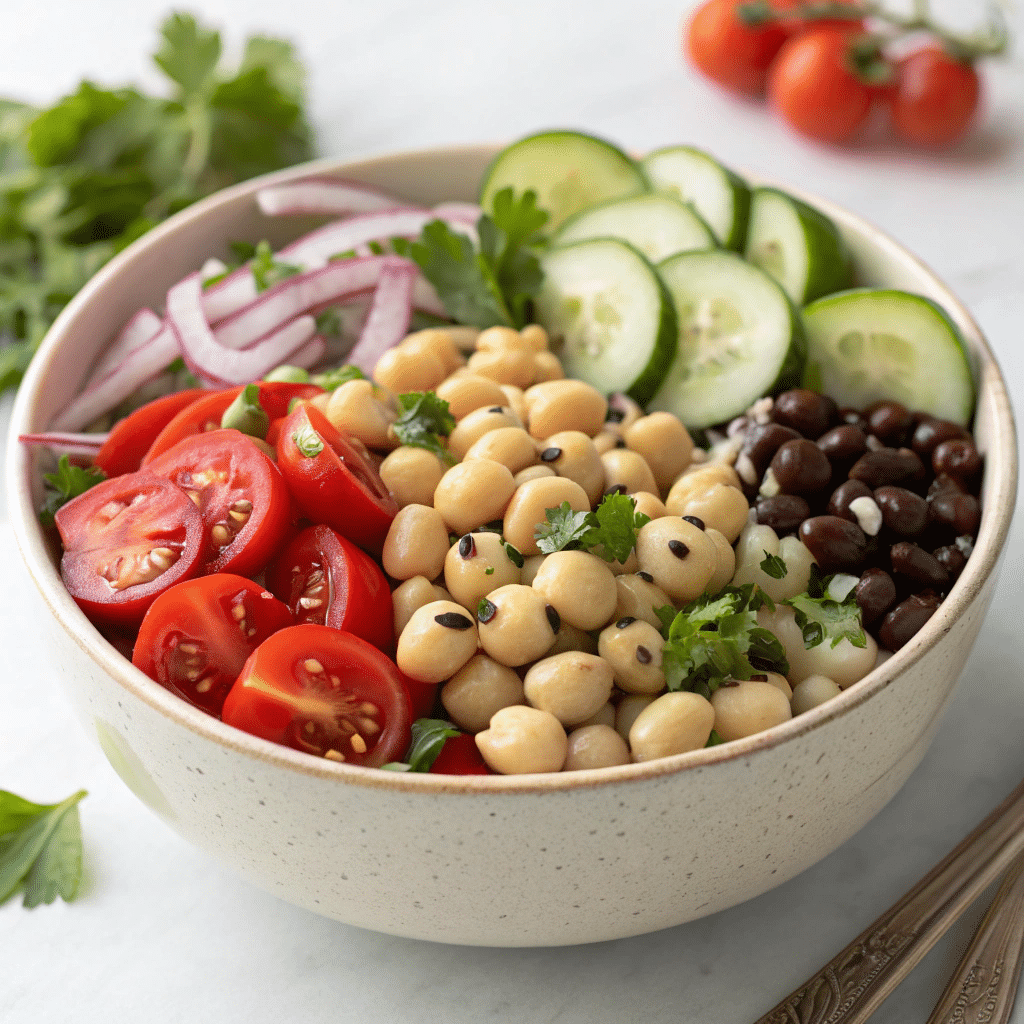 Fully assembled Mediterranean dense bean salad