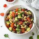 Mediterranean dense bean salad recipe card