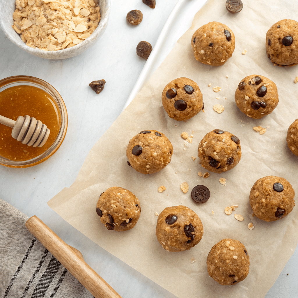 No-bake peanut butter and chocolate chip energy bites with oats and honey