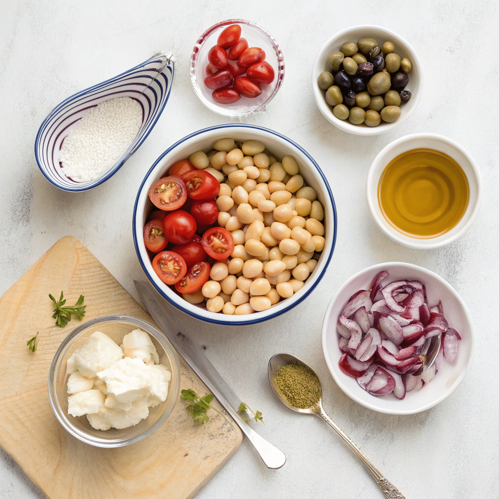 Flat-lay of no-lettuce bean salad ingredients including cannellini beans, chickpeas, cucumber, cherry tomatoes, onion, olives, feta, and dressing