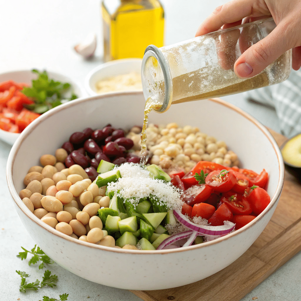 Preparing no-lettuce bean salad with beans, vegetables, and dressing in a bowl