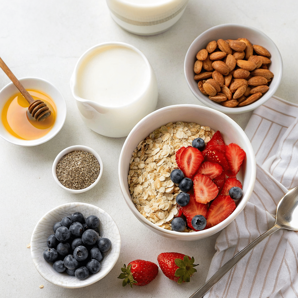 Ingredients for overnight oats gluten-free on wooden board