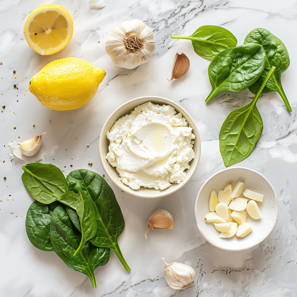 Ingredients for creamy spinach ricotta pasta