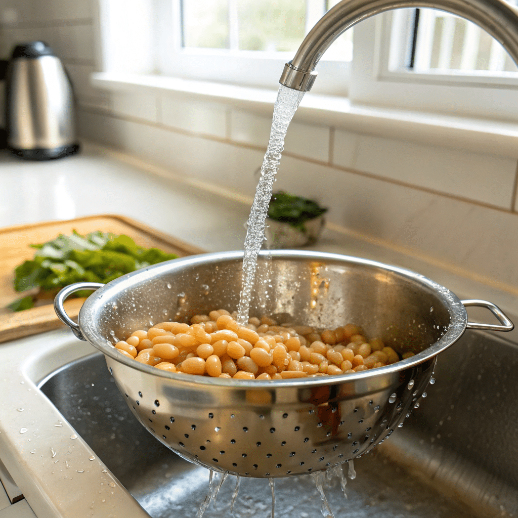 Cooked beans rinsed and drained for dense bean salad meal prep