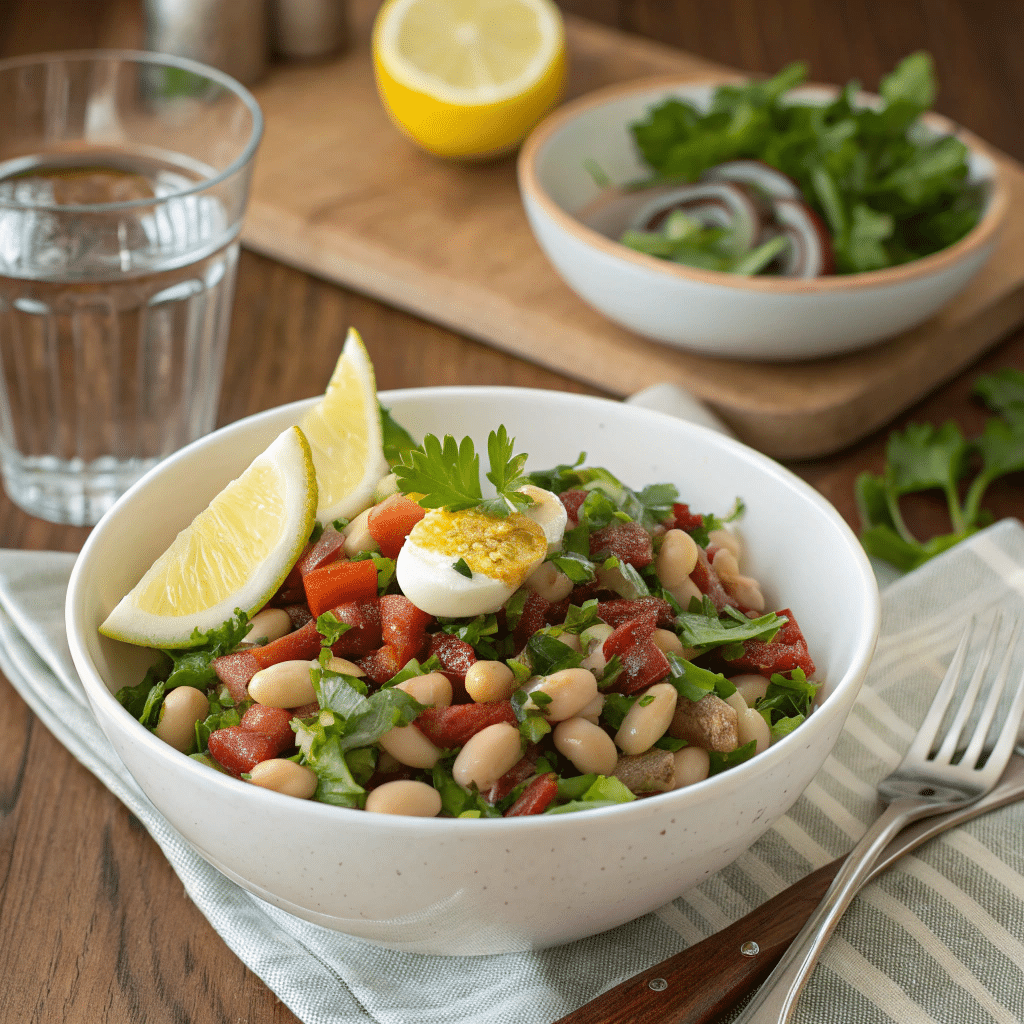 Served dense bean salad meal prep with fresh garnish