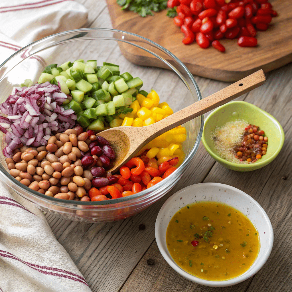 Tossing beans and vegetables with vinaigrette for viral TikTok dense salad recipe