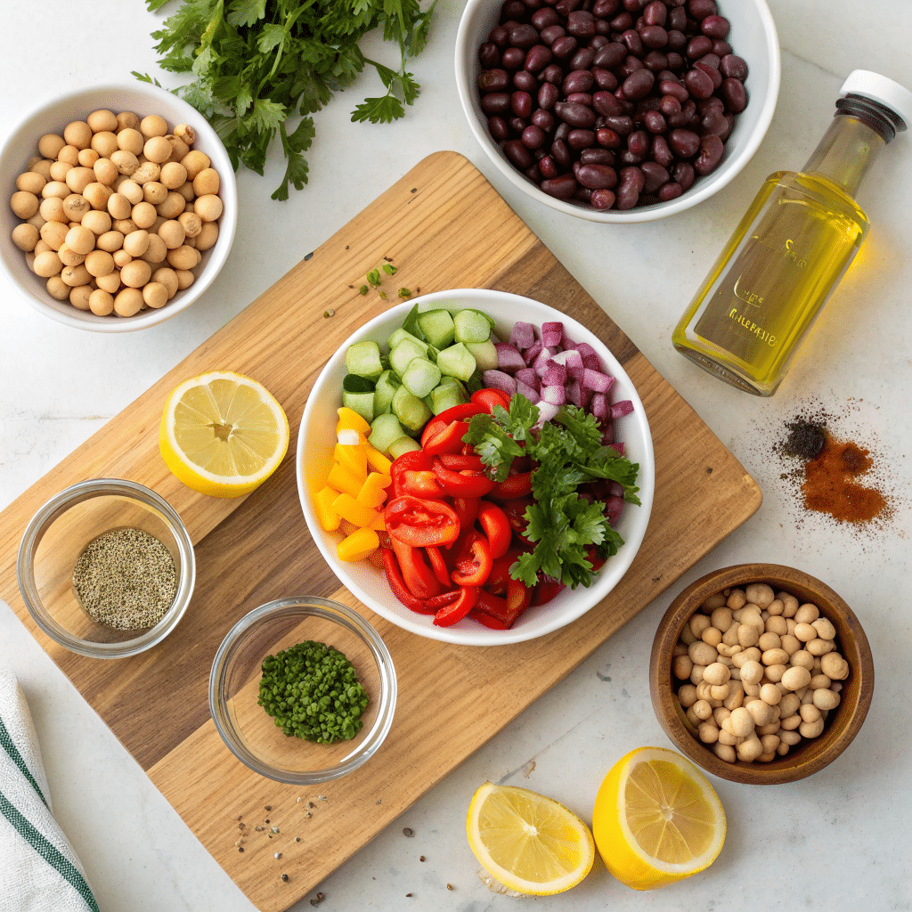 Ingredients for viral TikTok dense salad recipe laid out on a wooden board