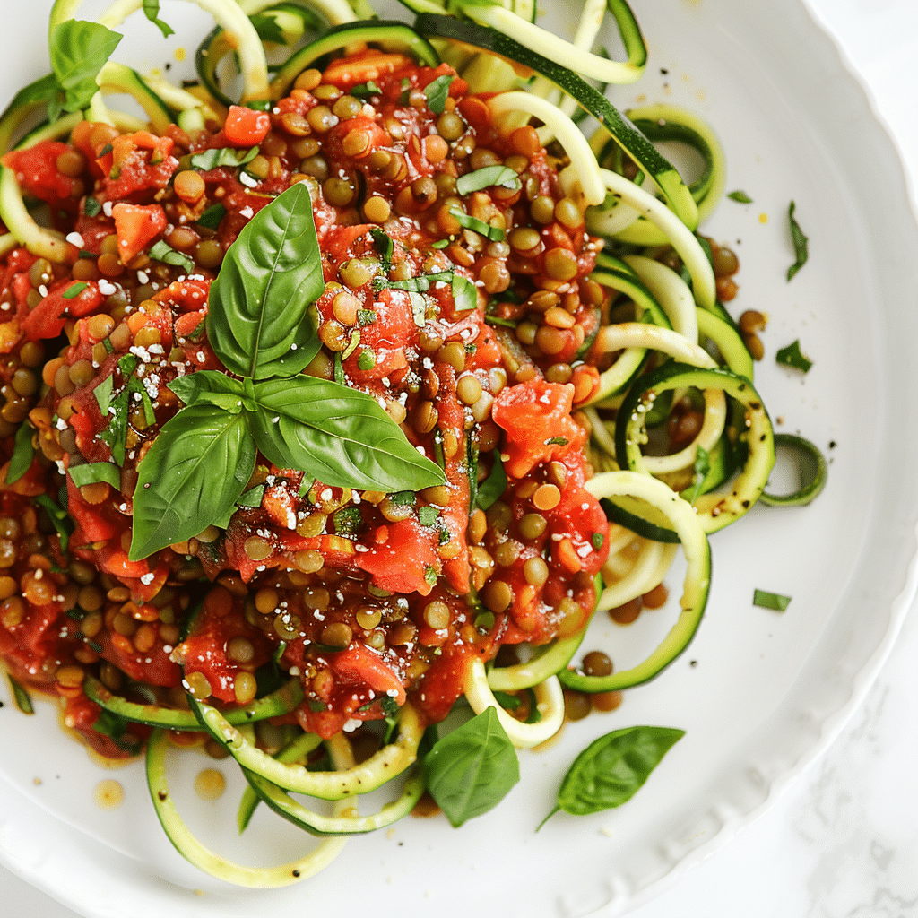 Spiralized zucchini noodles with tomato basil sauce and lentils,Vegetarian Gluten-Free Pasta Recipes for Weeknights