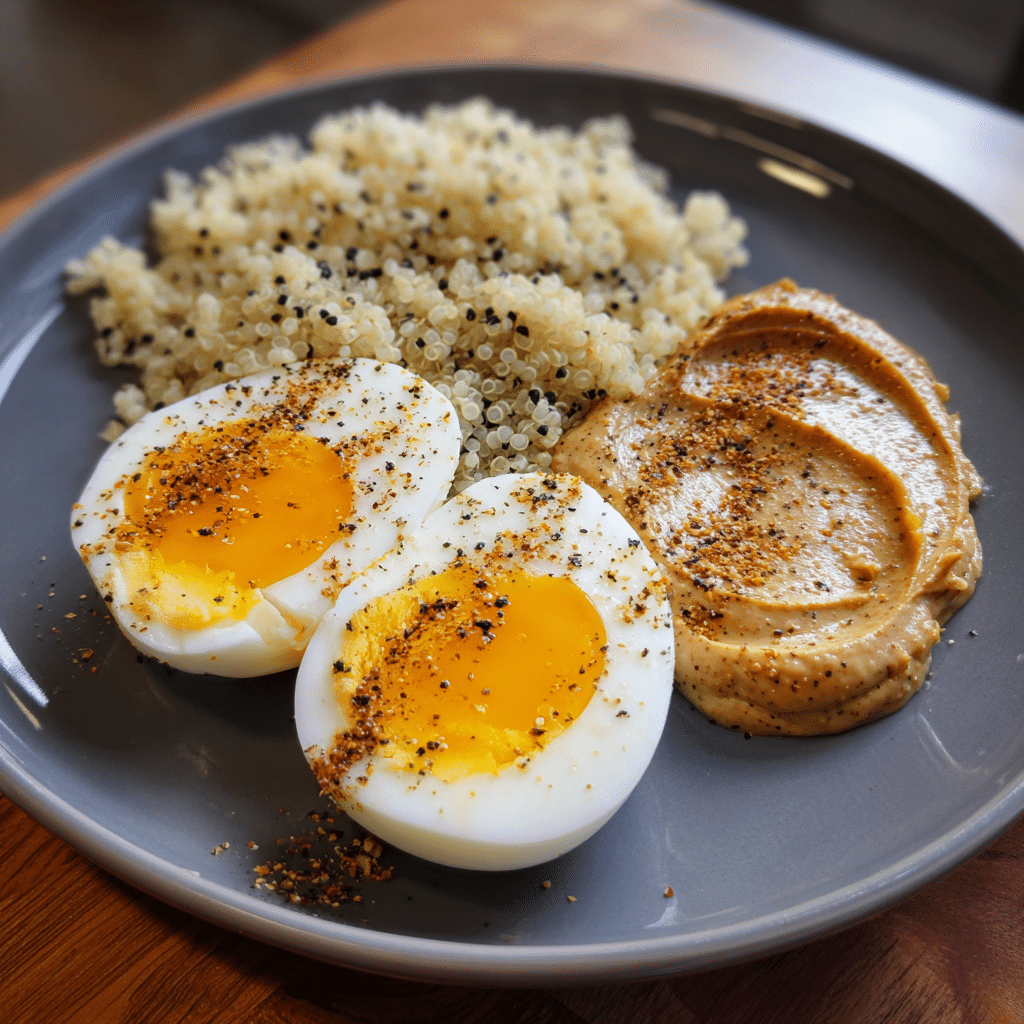 High-protein gluten-free breakfast plate with eggs, quinoa, cottage cheese, chia seeds, and almond butter