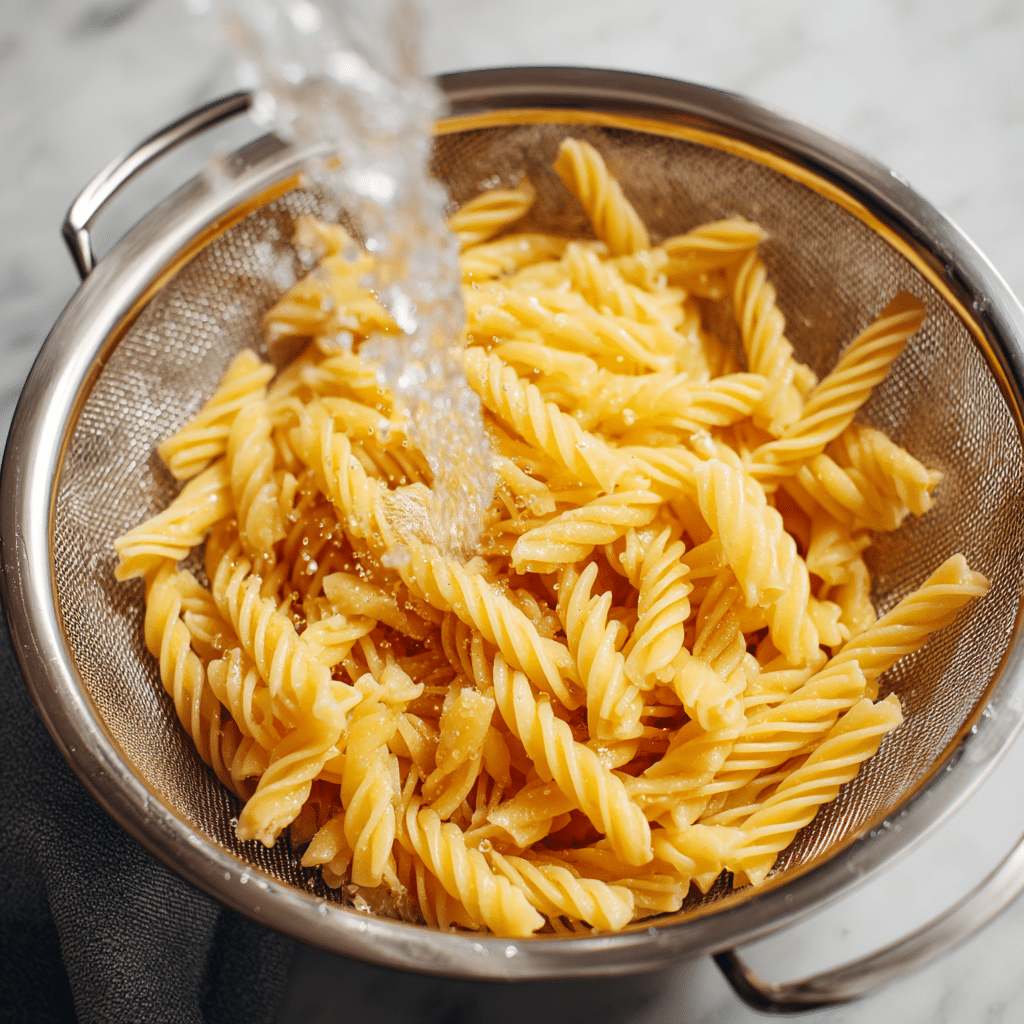Rinsing gluten-free pasta under cold water for cold pasta salad Cold Pasta Salad (Gluten-Free Pasta)