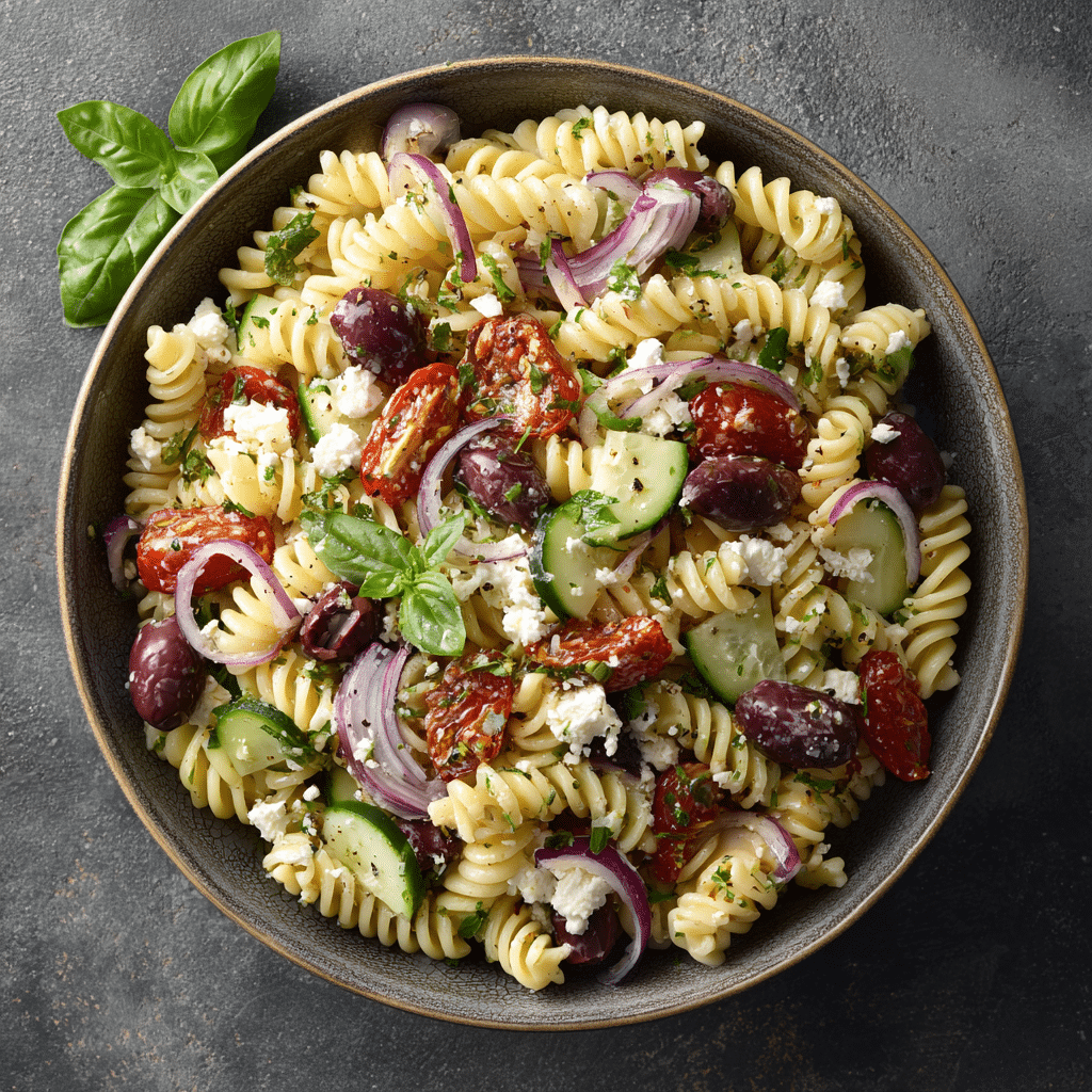 Mediterranean cold pasta fusilli salad with olives, sun-dried tomatoes, cucumbers, and gluten-free pasta Cold Pasta Salad (Gluten-Free Pasta)