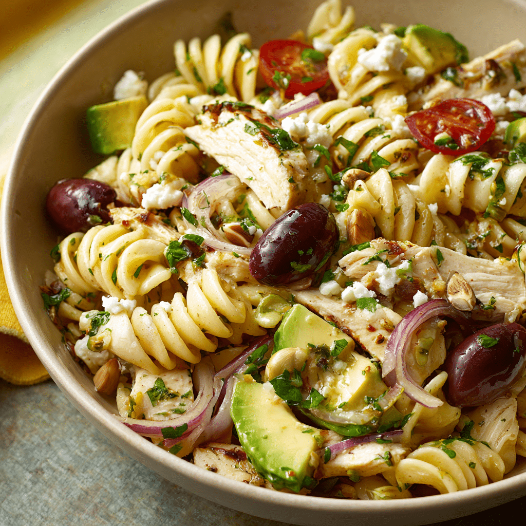Cold pasta salad (gluten-free pasta) with olives, capers, feta, avocado, and grilled chicken in a white bowl