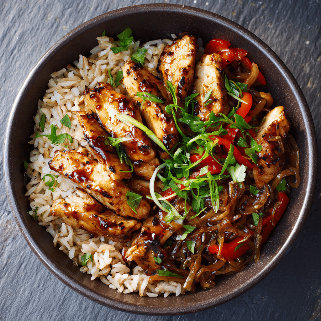 Gluten-free Asian chicken teriyaki bowl with rice, veggies, and tamari