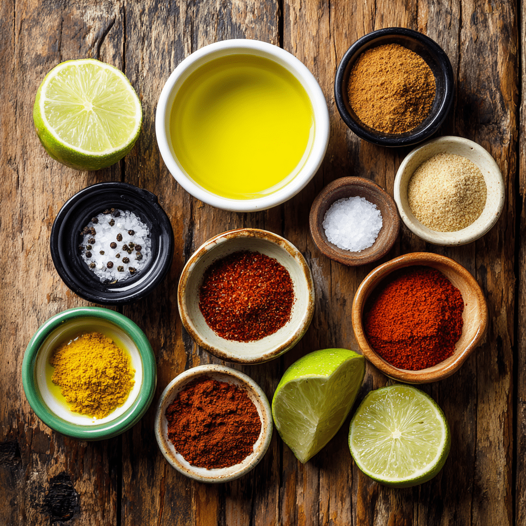 	Chicken fajita marinade ingredients arranged in bowls on a rustic wooden surface