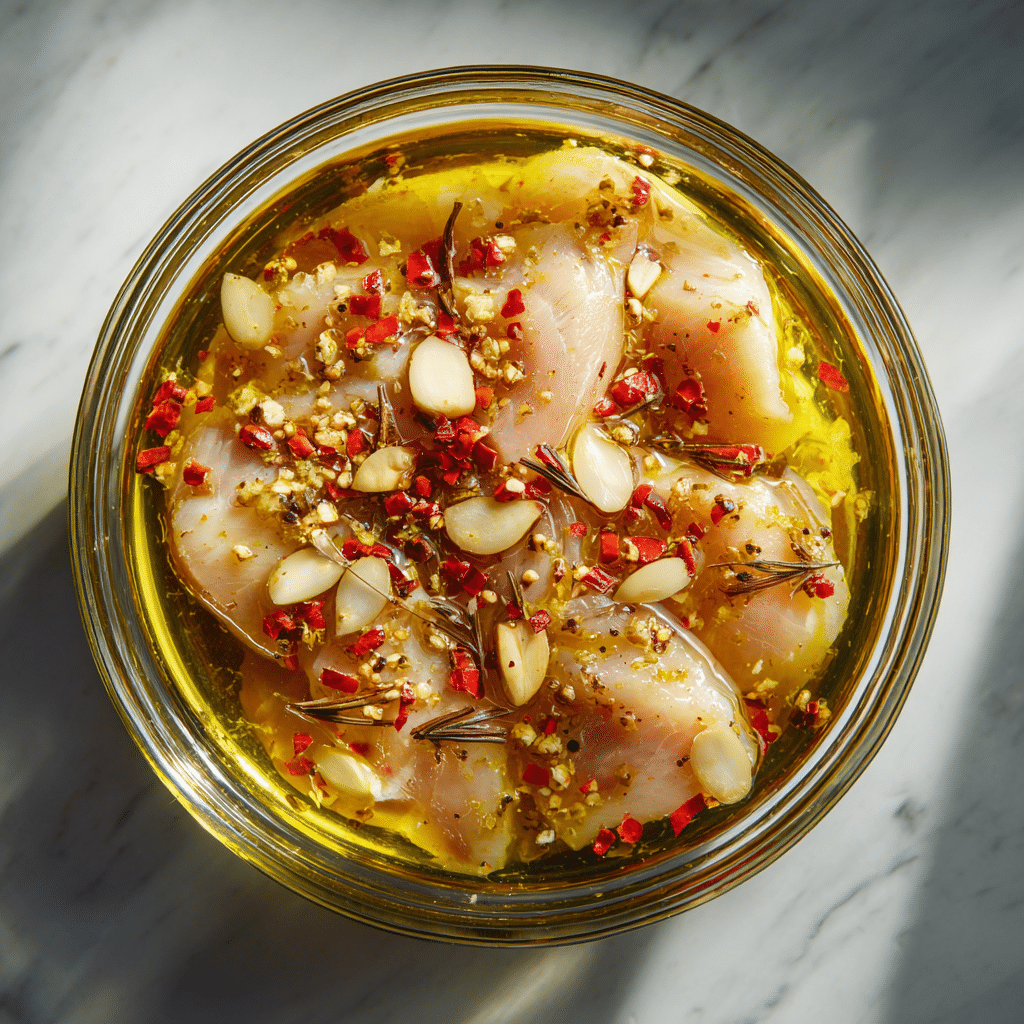 Chicken breast in gluten-free fajita marinade inside a glass bowl