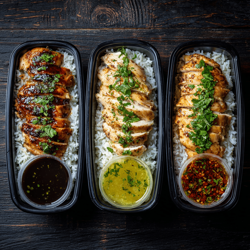 Chicken and rice gluten-free meal prep with teriyaki, lemon herb, and spicy chili sauces