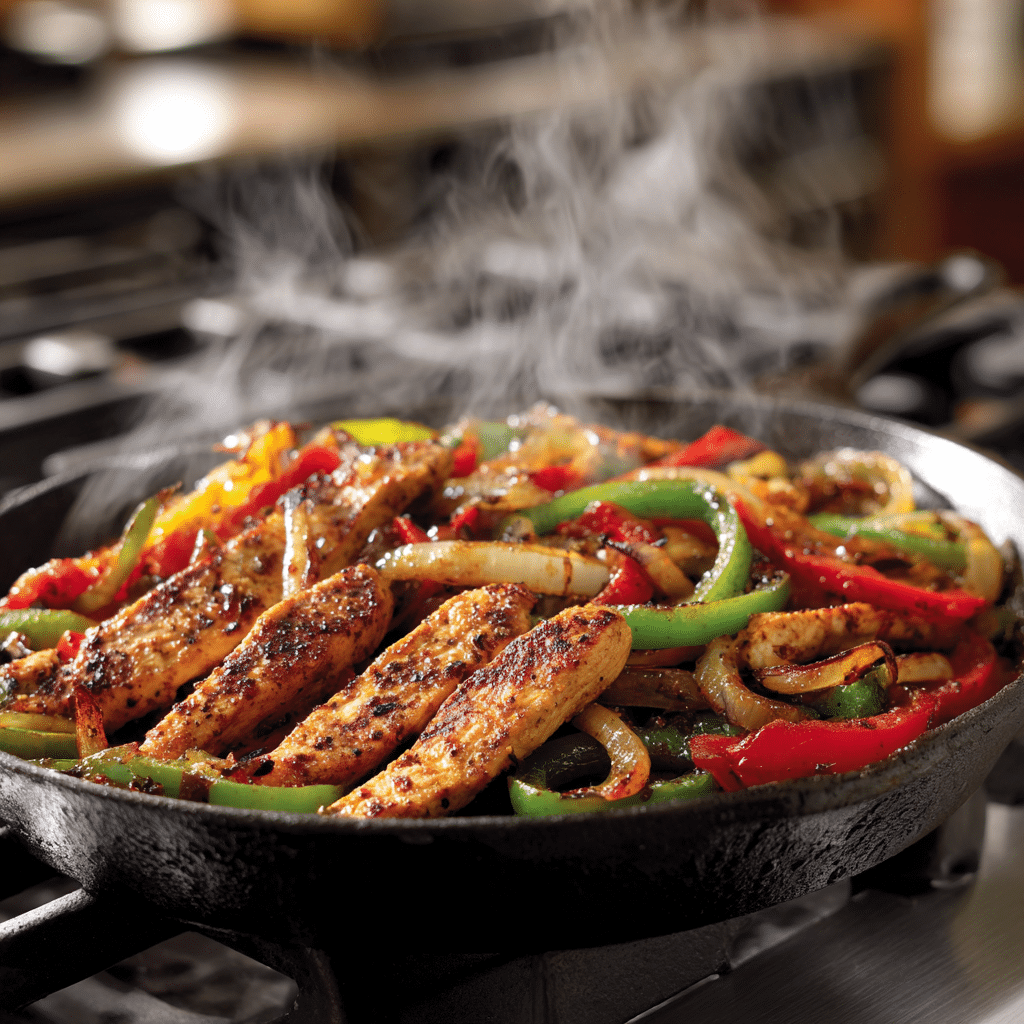 Chicken fajitas cooking on cast iron with bell peppers and onions