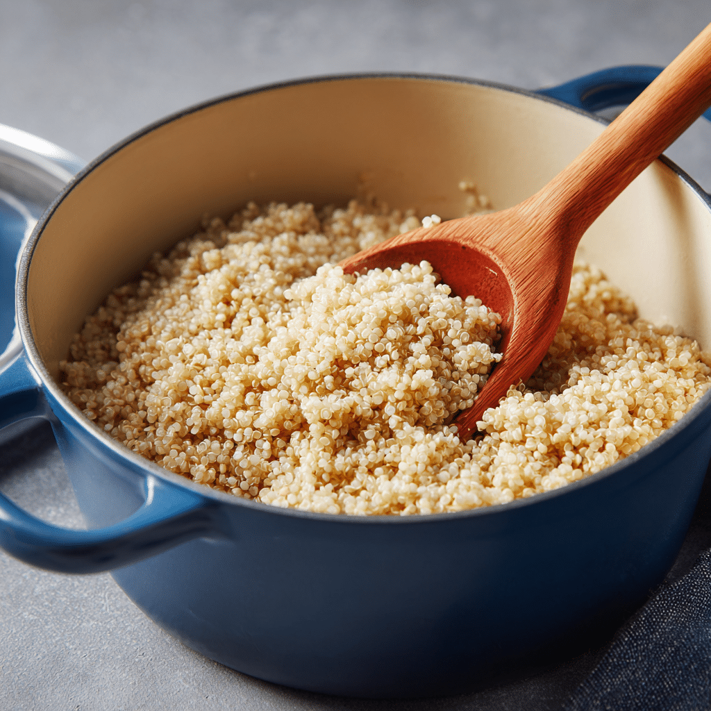 Cooking quinoa in a stainless steel pot on a stovetop