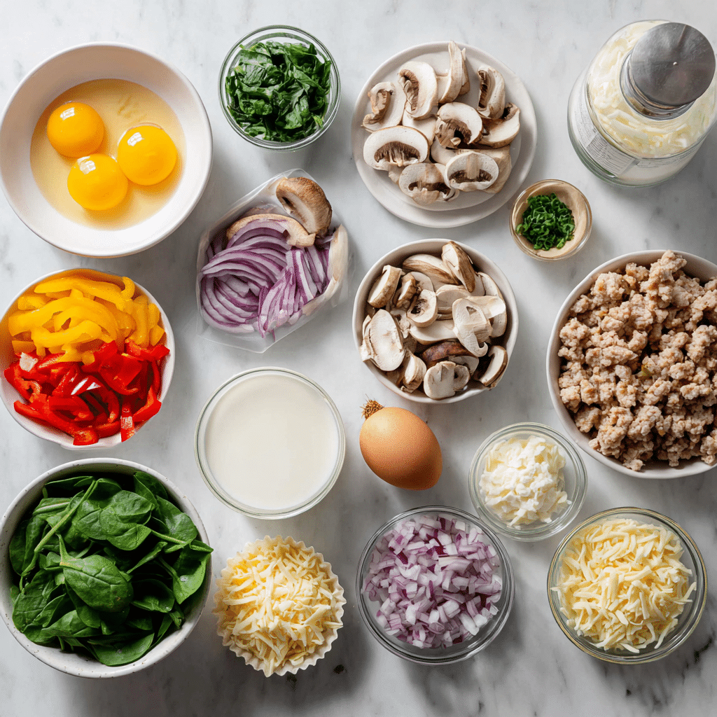  Ingredients for egg muffins (gluten-free) arranged on white counter