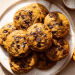 Fresh pumpkin chocolate chip cookies on a marble plate with melted chocolate chips glistening under natural sunlight, close-up food photography.