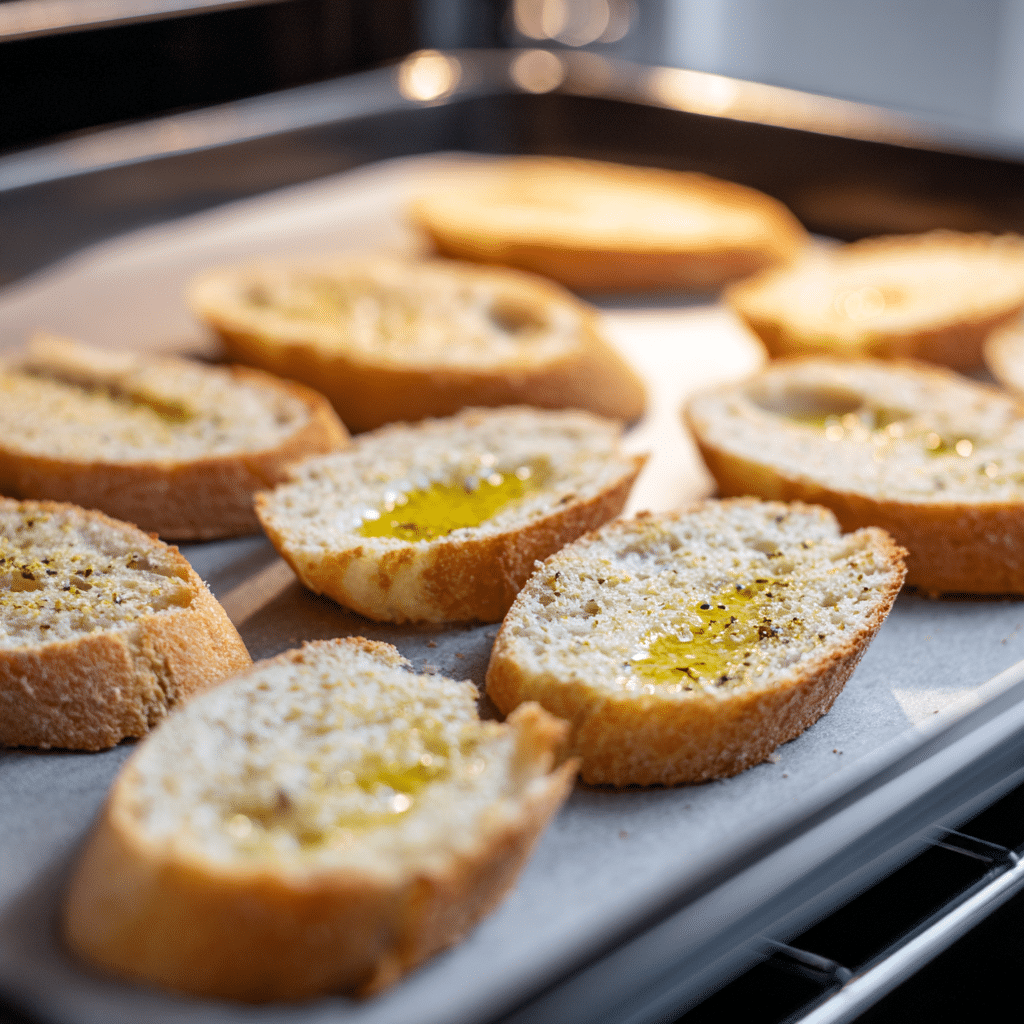 Gluten-free bread slices brushed with olive oil for toasting Gluten-Free Bruschetta