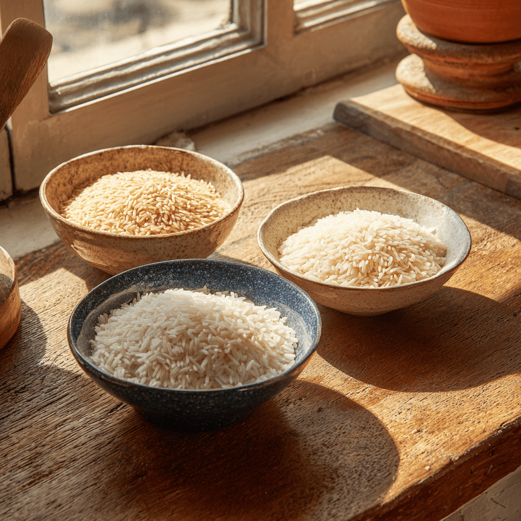 Brown, basmati, and jasmine rice in labeled bowls for gluten-free cooking