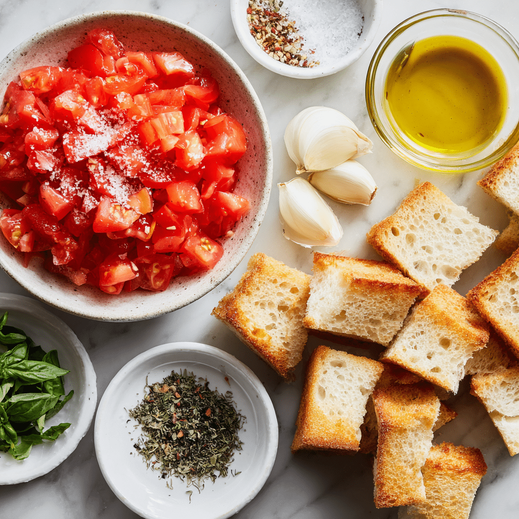 Ingredients for gluten-free bruschetta laid out on table