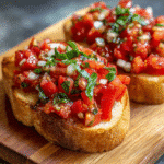 Recipe card for gluten-free bruschetta with ingredients and steps