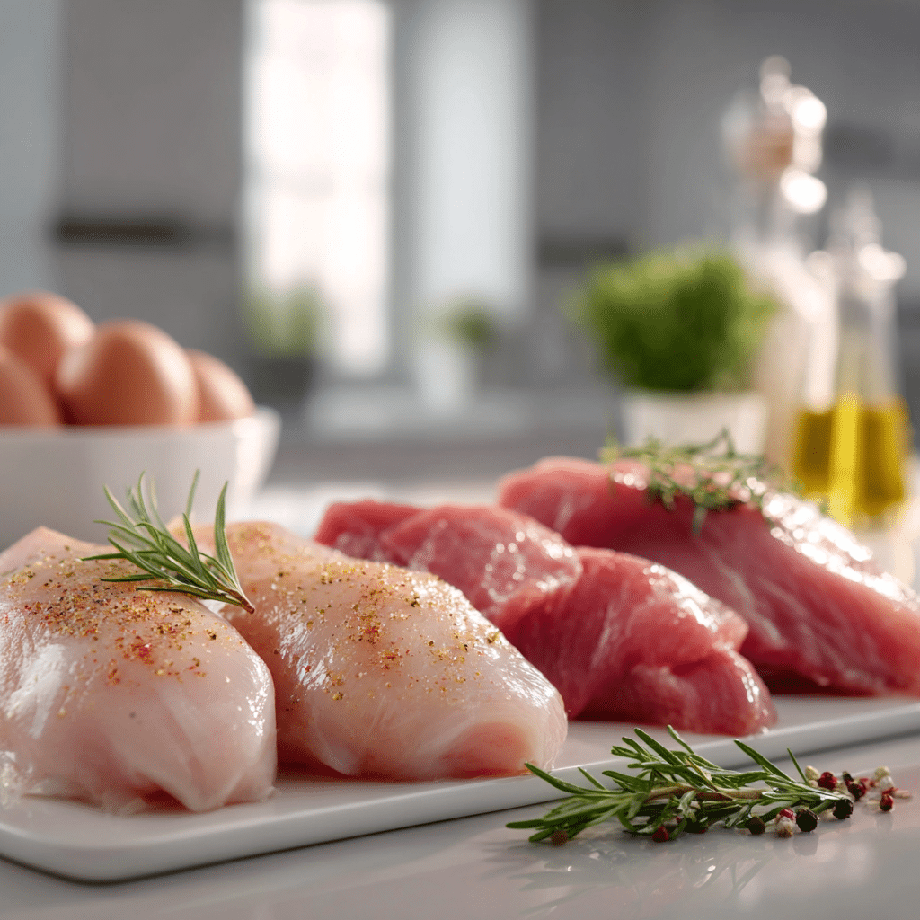 Raw and cooked chicken breast, thighs, and tenders arranged on a butcher block for gluten-free meal prep