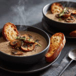 A bowl of gluten-free creamy mushroom soup on a marble dining table with napkin, spoon, and glass of sparkling water