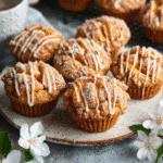 Recipe card for gluten-free peach streusel muffins with ingredients and instructions
