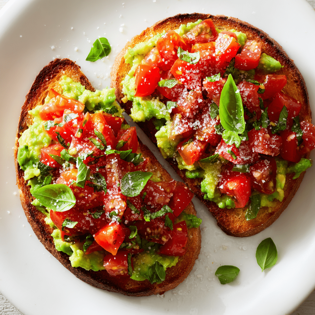 Gluten-free toasted bread topped with mashed avocado, chopped tomatoes, and basil garnish Gluten-Free Bruschetta