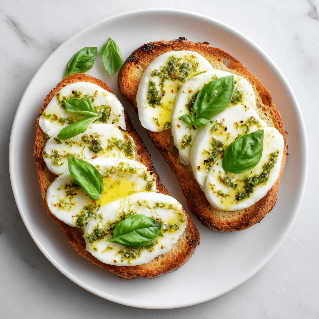 Gluten-free toasted bread topped with fresh mozzarella, basil, and olive oil drizzle Gluten-Free Bruschetta