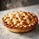 A golden-brown gluten-free apple pie with a flaky lattice crust on a rustic wooden table, surrounded by sliced apples and cinnamon sticks.