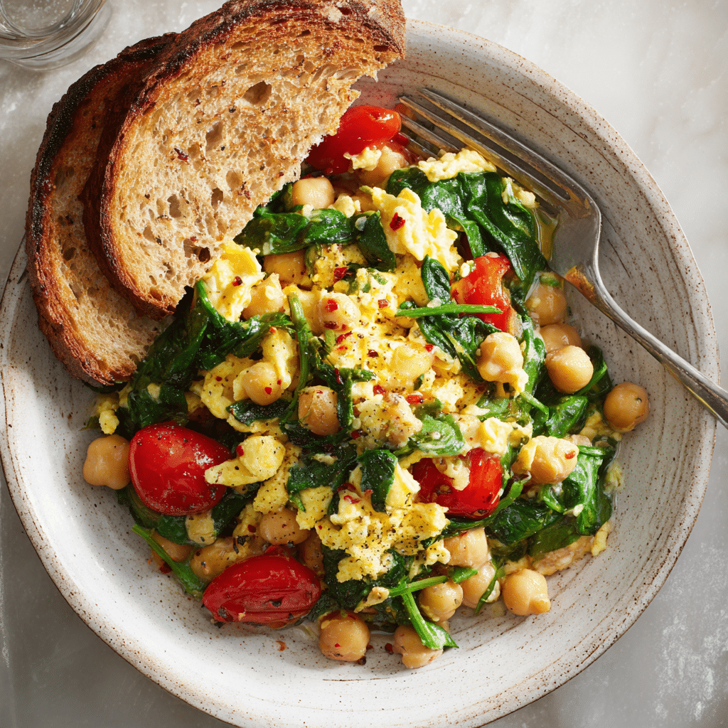Colorful Greek yogurt bowl with berries and chia seeds alongside scrambled eggs with spinach and chickpeas1