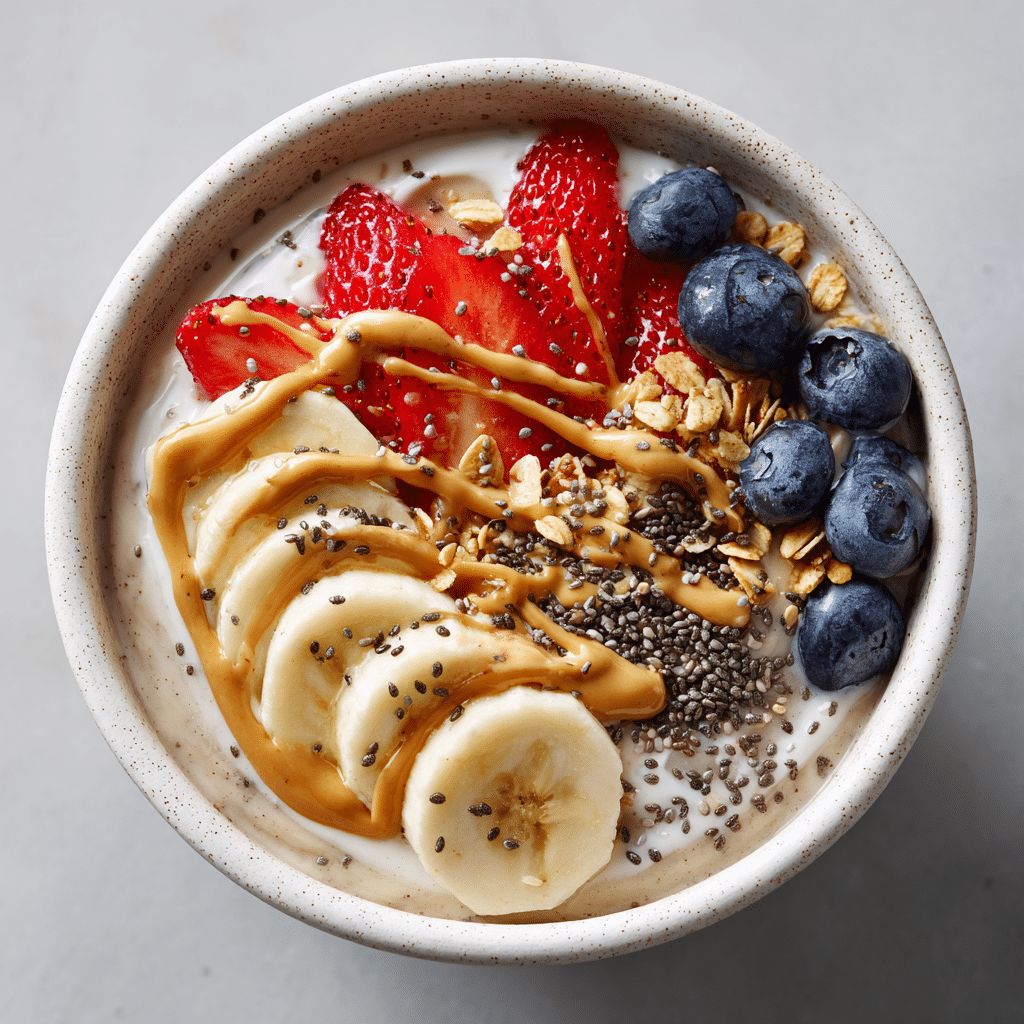 Colorful Greek yogurt bowl with berries and chia seeds alongside scrambled eggs with spinach and chickpeas