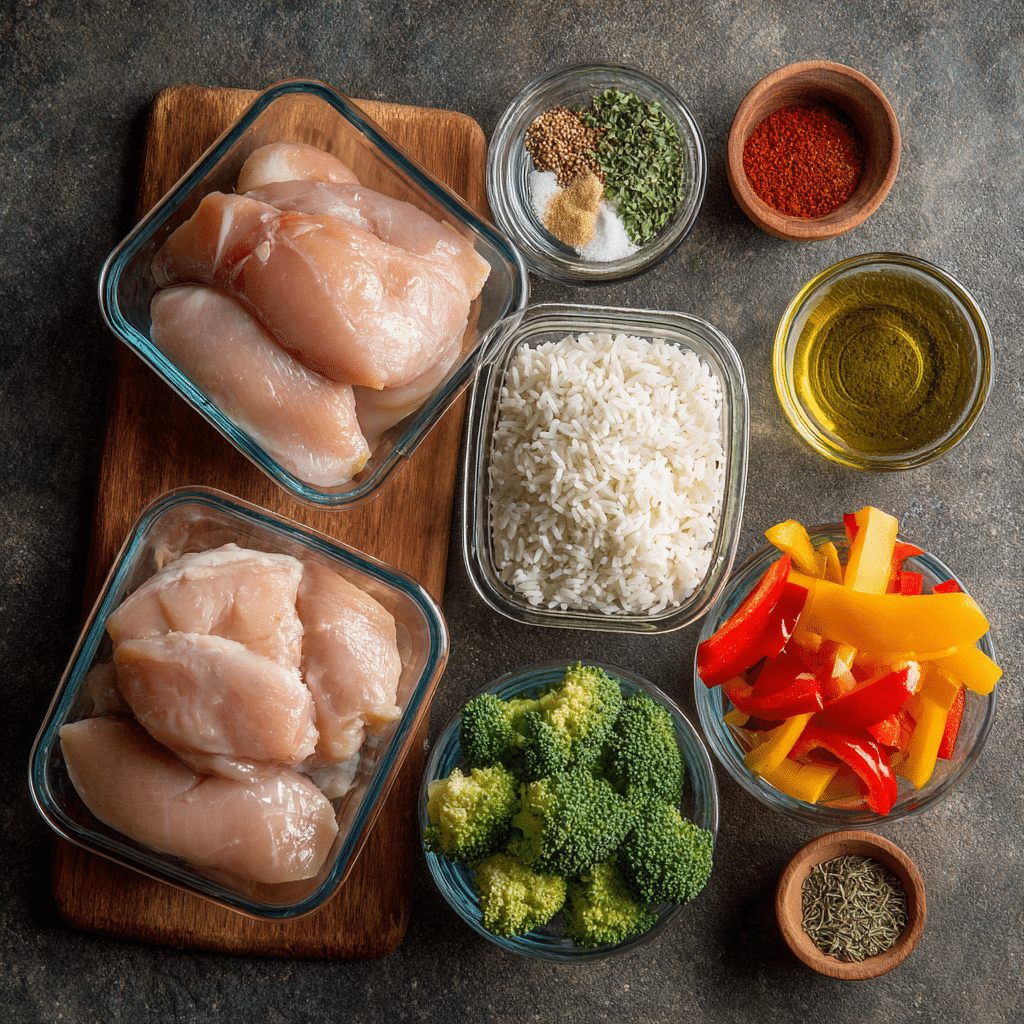 Ingredients for chicken and rice gluten-free meal prep including vegetables and spices