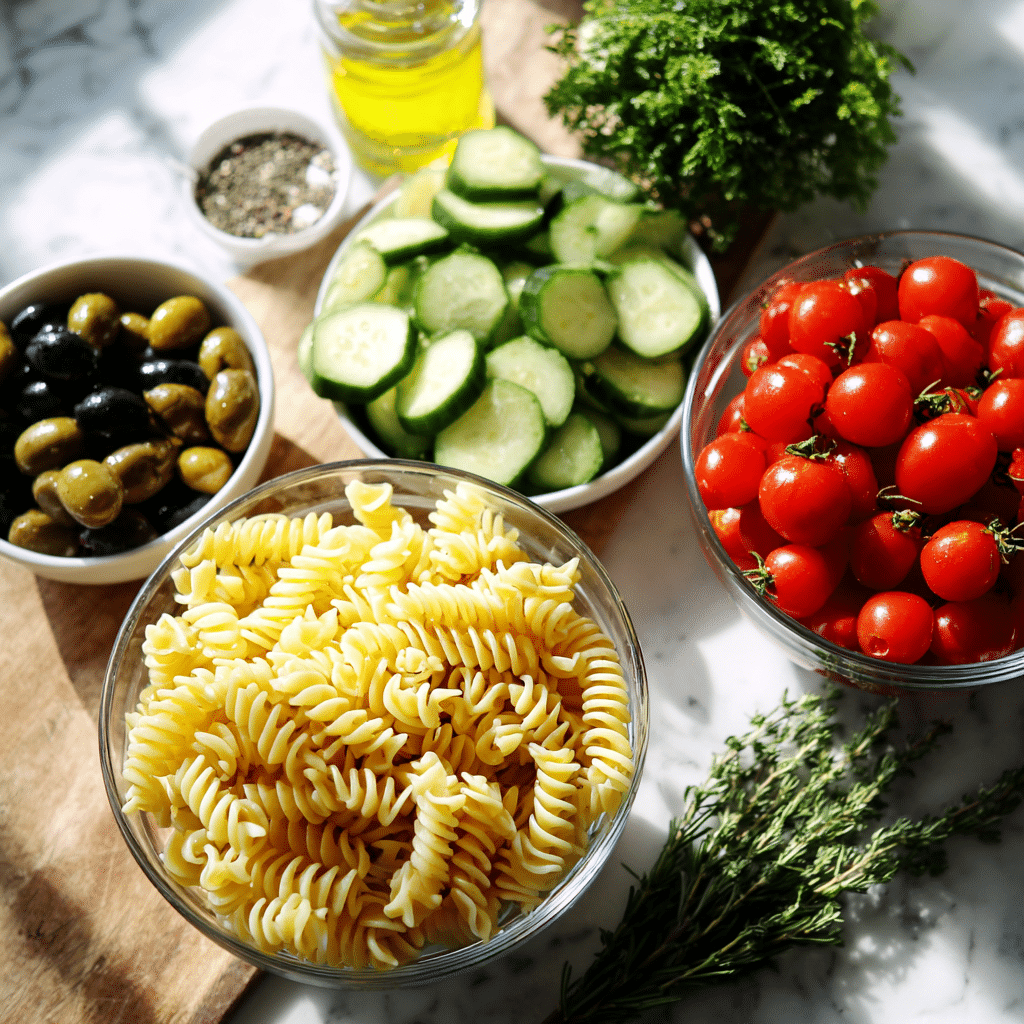 Ingredients for cold pasta salad gluten-free  pasta Cold Pasta Salad (Gluten-Free Pasta)