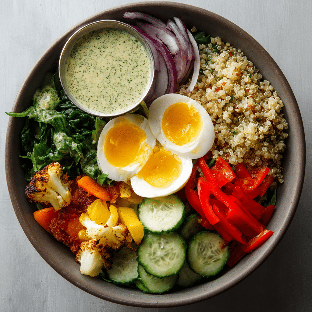 Layered quinoa bowl with roasted vegetables, fresh greens, and cucumbers