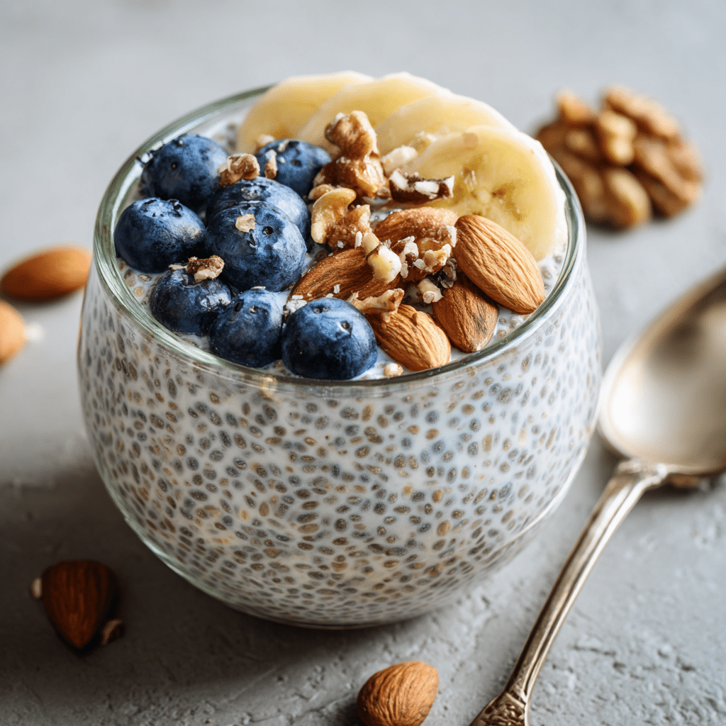 Make-ahead overnight chia pudding topped with nuts and fresh berries for a high-protein gluten-free breakfast