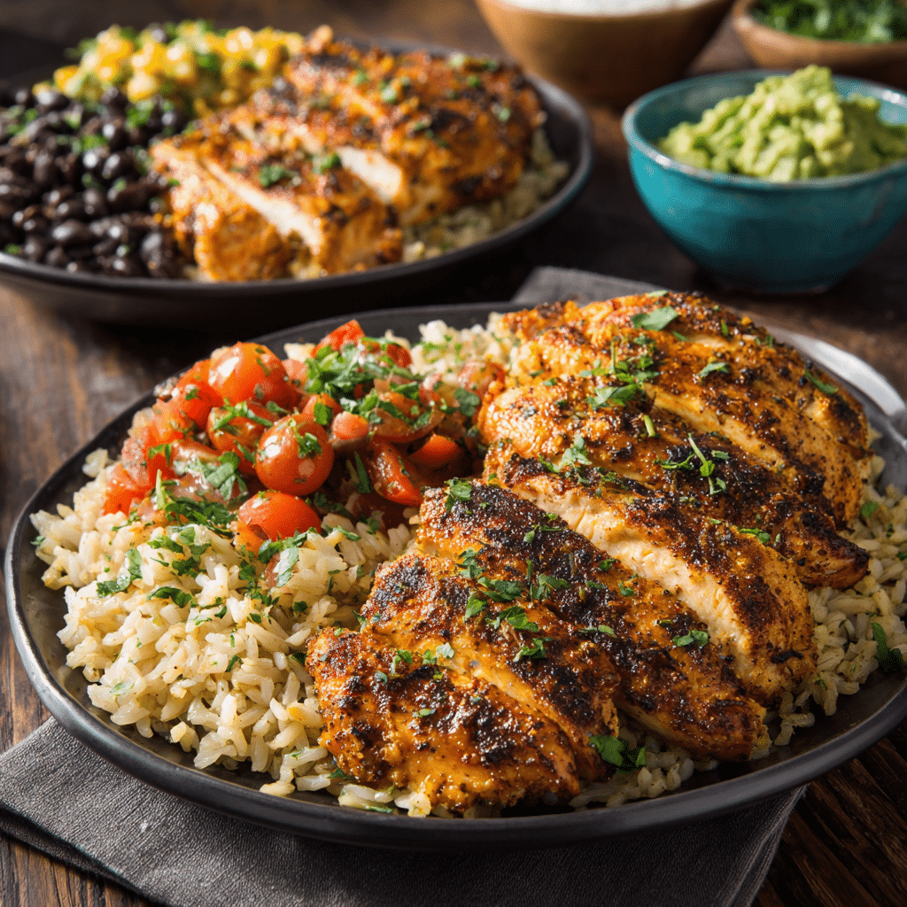 Mediterranean and Mexican chicken and rice gluten-free meal prep bowls with fresh toppings