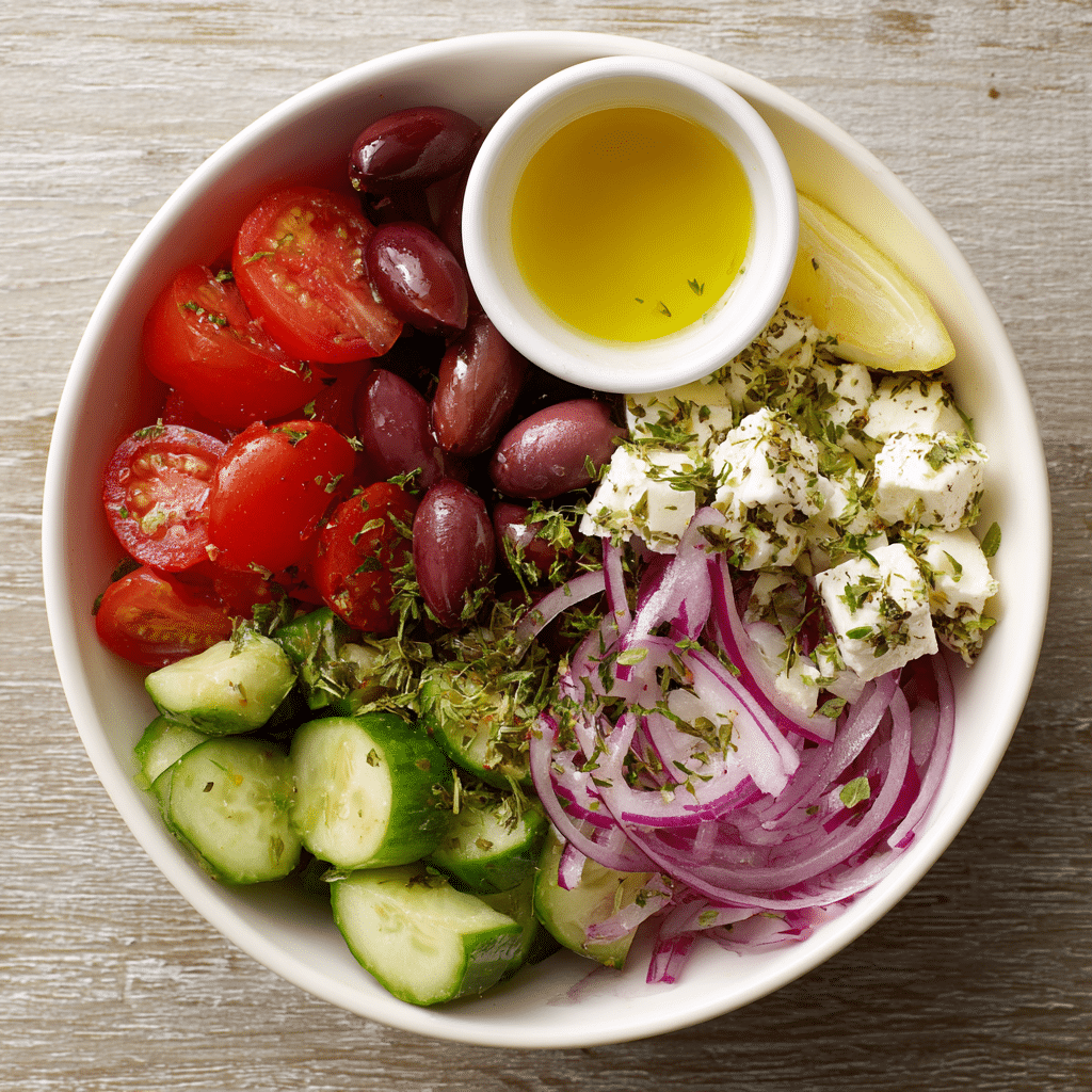 Mediterranean quinoa bowl with cherry tomatoes, olives, feta, and cucumbers