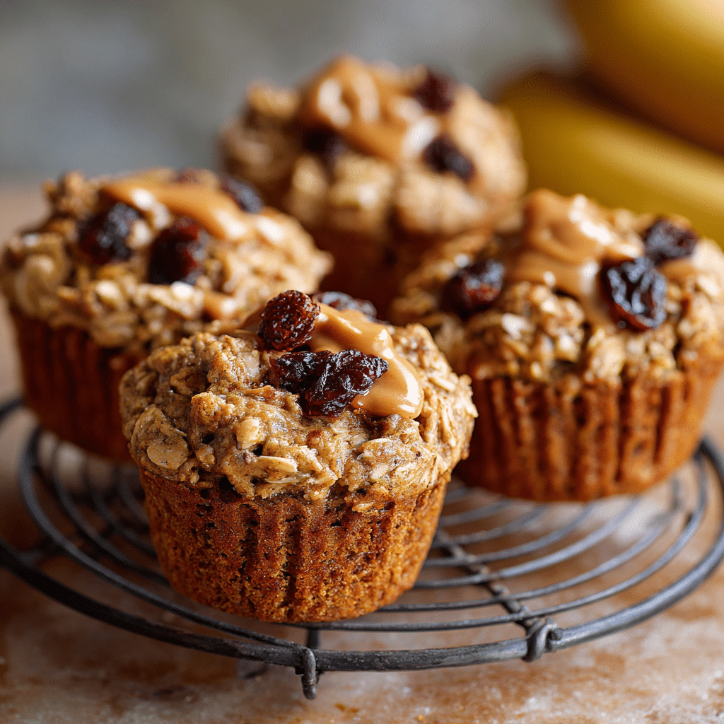 Gluten-free peanut butter banana oat muffins cooling on a wire rack