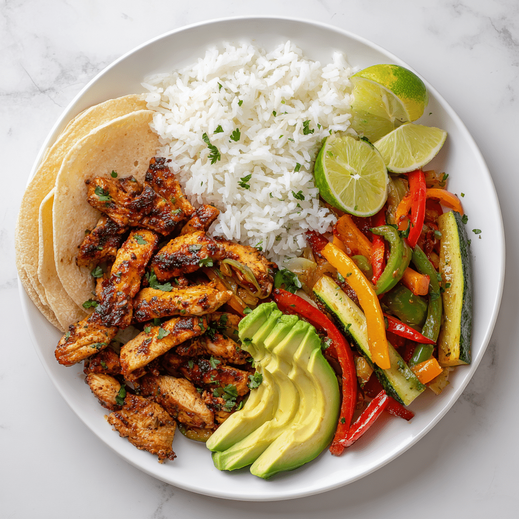Chicken fajita plate with gluten-free tortillas, rice, and avocado Chicken Fajita Marinade